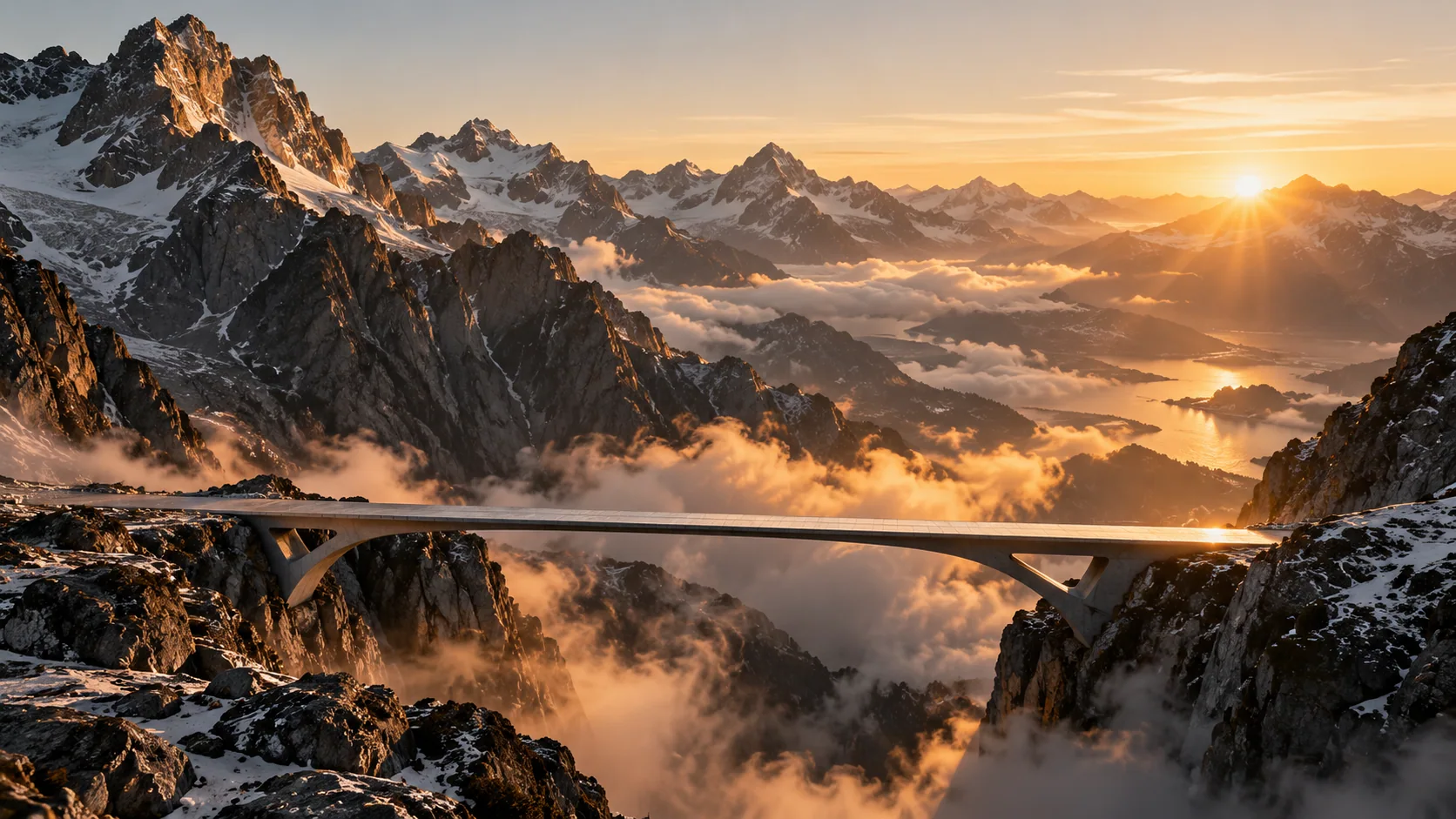 Alpenpanorama mit futuristischer Brücke